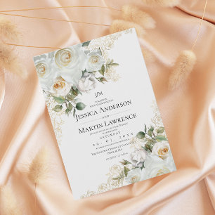 Gold Weiße Rose Florale Elegante Hochzeit Einladung