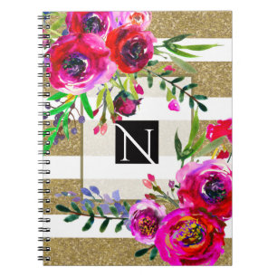 Gold Weiße Streifen Bold Glam Floral Botanisch Notizblock