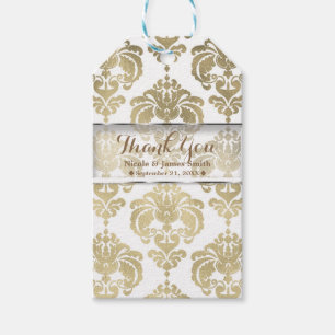 Gold & Weißer Damast Hochzeitsgeschenk im Vintage- Geschenkanhänger