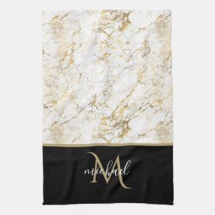 Gold & Weißer Marmor mit schwarzem Monogramm Geschirrtuch
