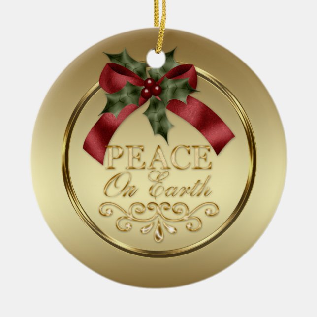 Gold Weltfrieden Red Green Ribbon Holly Berries Keramikornament (Vorne)