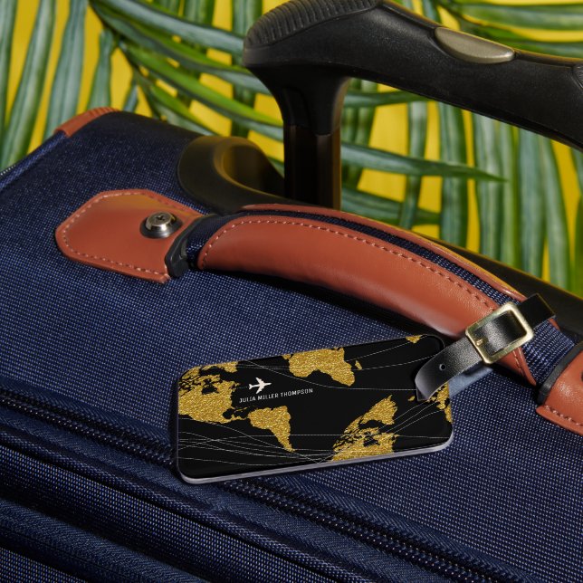 Gold Weltkarte Elegante Internationale Reise Gepäckanhänger (Vorderseite Insitu 3)