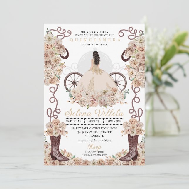 Gold Western Cinderella Carriage Quinceañera Einladung (Stehend Vorderseite)