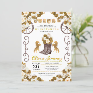 Gold Western Mariachi Charro Boots Quinceañera Einladung