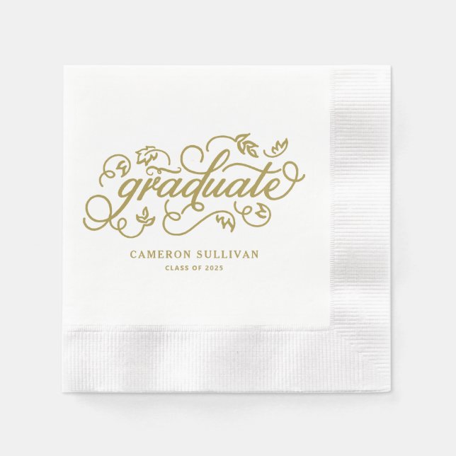 Gold Whimsical Floral Script Abschluss Serviette (Vorderseite)