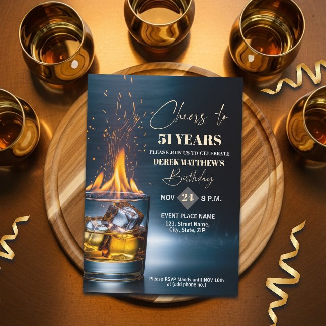 Gold Whiskey Theme Men 51st Birthday Party Einladung (Von Creator hochgeladen)