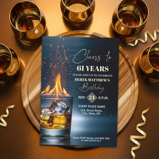 Gold Whiskey Theme Men 61st Birthday Party Einladung (Von Creator hochgeladen)