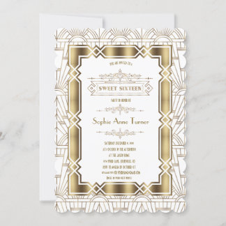 Gold White Art Deco Gatsby 20s Style Sweet 16 Einladung
