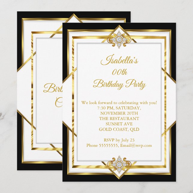 Gold White Black Diamond Geburtstagsparty Einladung (Vorne/Hinten)