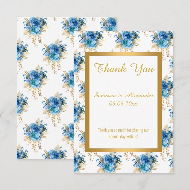 GOLD WHITE BLUE FLORAL Danke Karte (Vorne/Hinten)