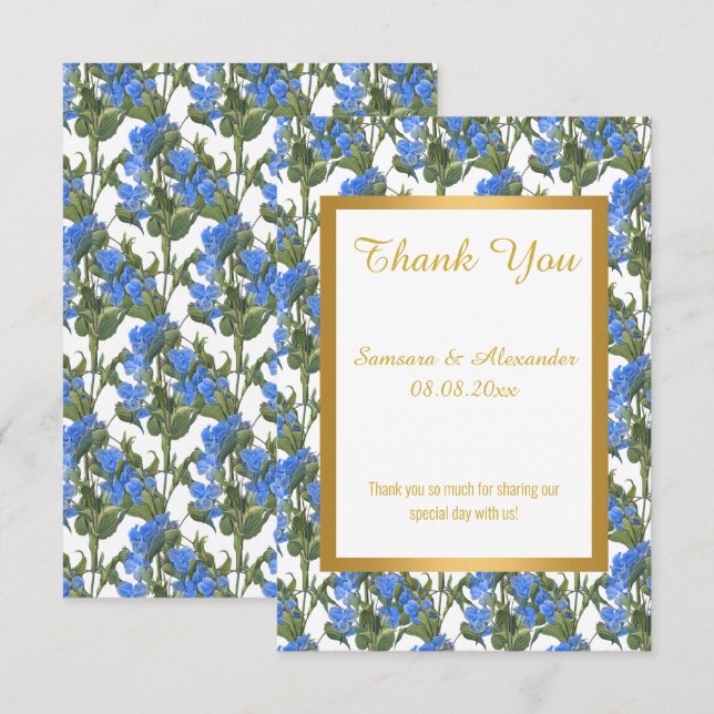 GOLD WHITE BLUE FLORAL Danke Karte (Vorne/Hinten)