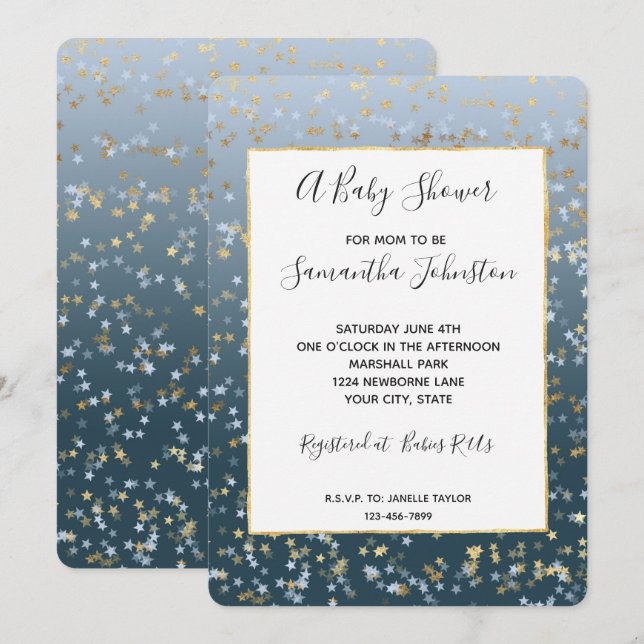 Gold White Blue Stars Shine Bright Baby Dusche Einladung (Vorne/Hinten)