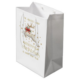 Gold White Christmas Reindeer Mittlere Geschenktüte