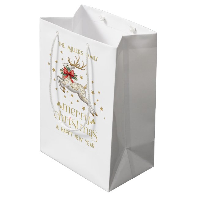 Gold White Christmas Reindeer Mittlere Geschenktüte (Rückseite Schrägansicht)