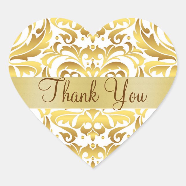 Gold & White Damask Vielen Dank Herzsticker Herz-Aufkleber (Vorderseite)