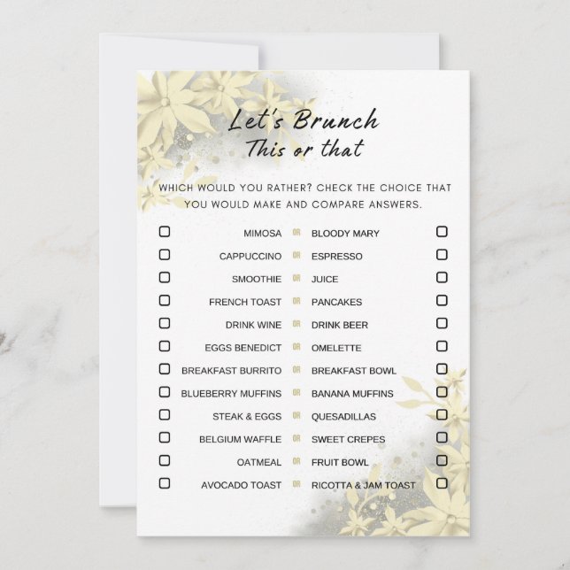 Gold White Dieses oder jenes Brunch Party Game Einladung (Vorderseite)