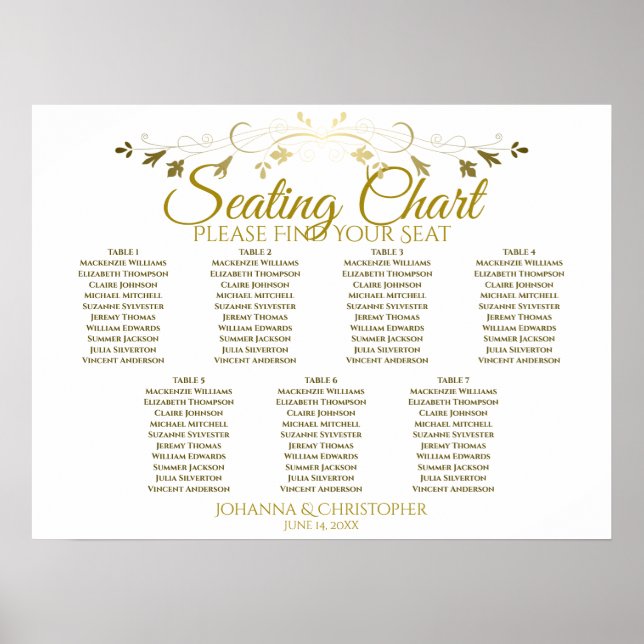 Gold & White Elegant 7 Table Mariage Tableau de si (Devant)