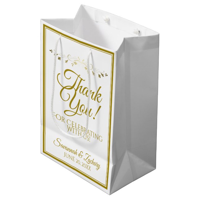 Gold & White Elegante Blüh Wedding Vielen Dank Mittlere Geschenktüte (Vorderseite Schrägansicht)