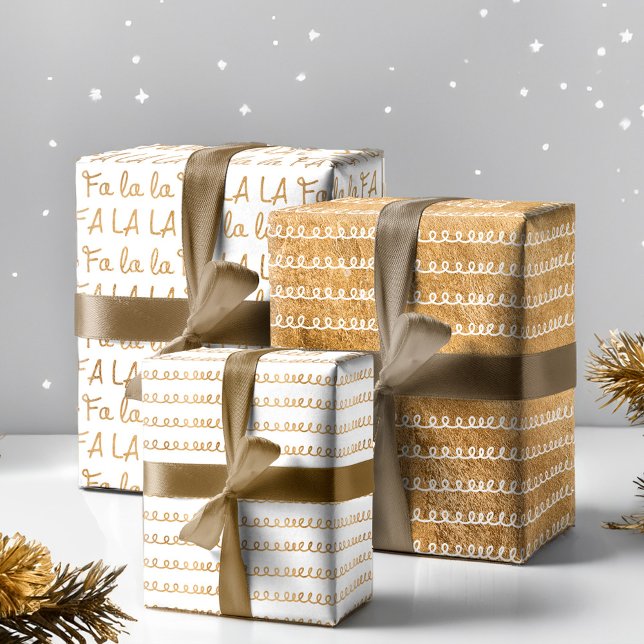 Gold & White Elegante Fa La Typografic Weihnachten Geschenkpapier Set (Gold & White Elegant Fa La Typographic Christmas Wrapping Paper Sheets)