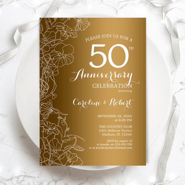 Gold White Floral 50 Jahre Jubiläum Einladung (Von Creator hochgeladen)