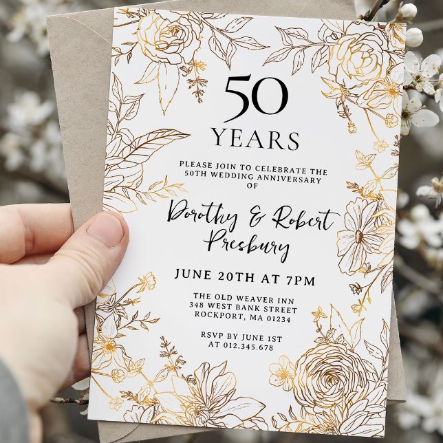 Gold White Floral 50 Jahre Jubiläum Einladung (Von Creator hochgeladen)