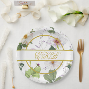 Gold White Floral Elegant Modernes Monogramm Pappteller