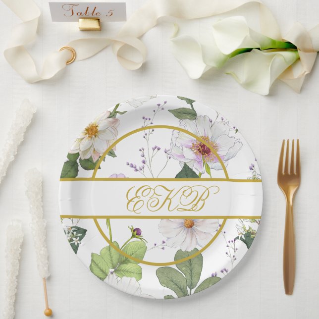Gold White Floral Elegant Modernes Monogramm Pappteller (Hochzeit)