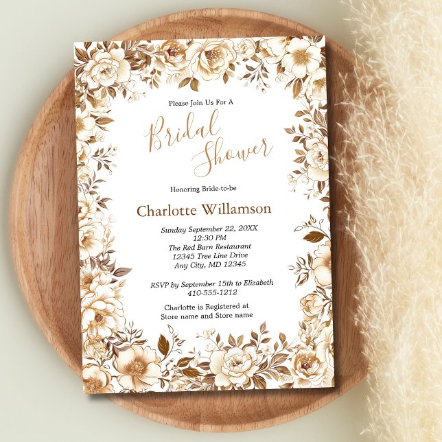 Gold White Floral Élégante Invitation de douche nu (Gold White Beige Brown Floral Boho Bridal Shower Invitation)