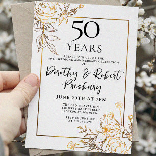 Gold White Floral Invitation du 50e anniversaire