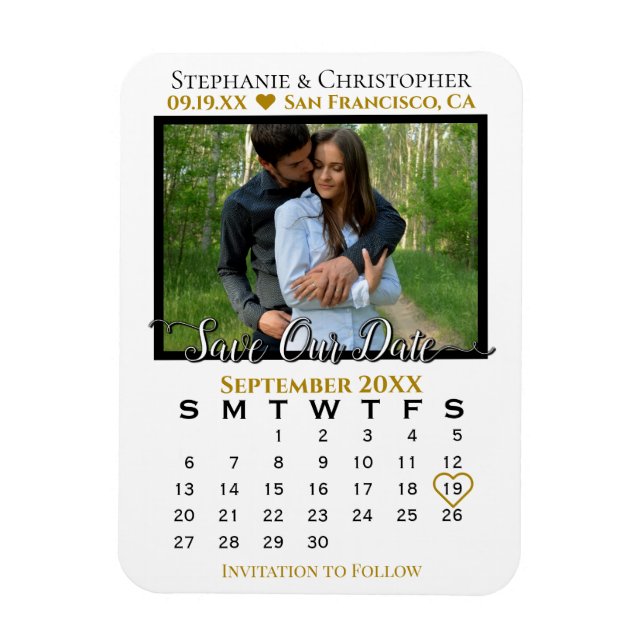 Gold & White Foto Kalender Rette unsere Hochzeit Magnet (Vertikal)