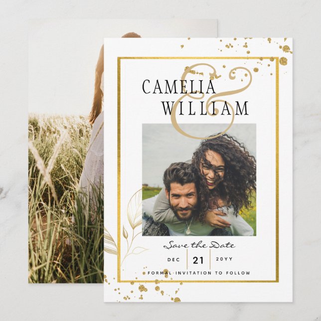 GOLD White FOTO Wedding Set Modernes Classic Einladung (Vorne/Hinten)