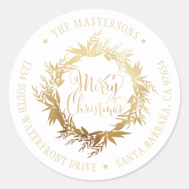 Gold White Frohe Weihnachtsferien Rücksendeadresse Runder Aufkleber (Vorderseite)