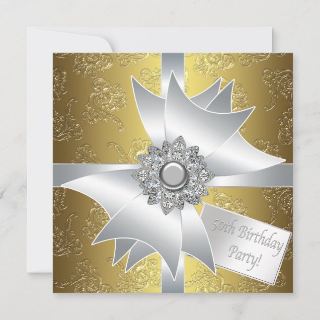 Gold White Gift Klasse Damask 50. Geburtstag Einladung (Vorderseite)
