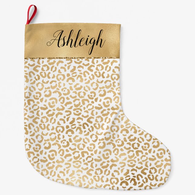 Gold White Glam Leopard Print Großer Weihnachtsstrumpf (Vorderseite)