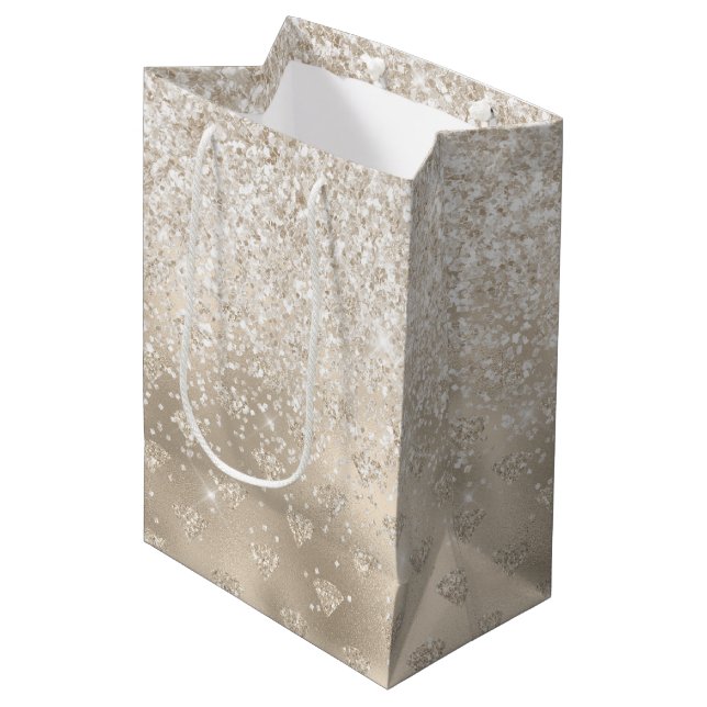 Gold White Glitz Glitzer Diamonds Mittlere Geschenktüte (Vorderseite Schrägansicht)
