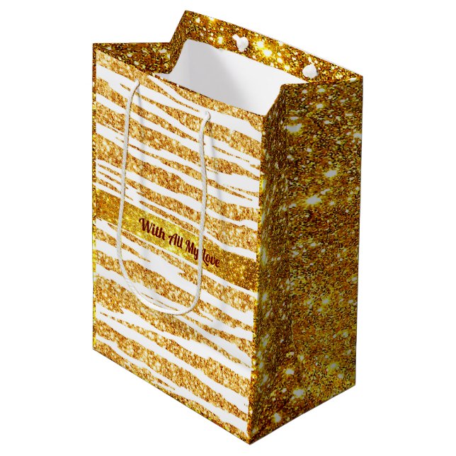Gold White Glitzer Boho Populäre Tiger Collection Mittlere Geschenktüte (Vorderseite Schrägansicht)