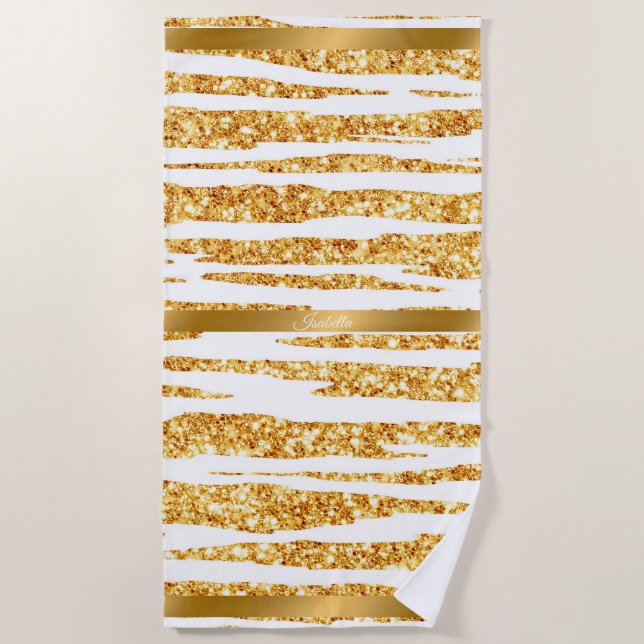 Gold White Glitzer Boho Populäre Tiger Collection Strandtuch (Vorderseite)