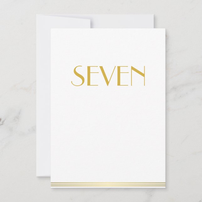 Gold White Great Gatsby Wedding Table Cards Sieben Einladung (Vorderseite)