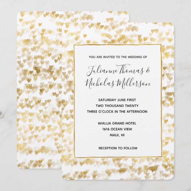 Gold White Hearts Wedding Einladungen (Vorne/Hinten)