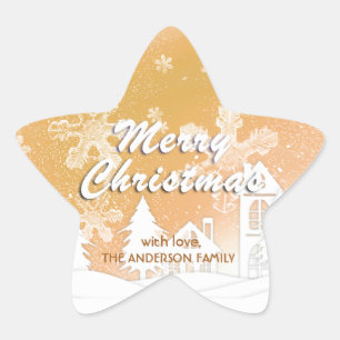 Gold White House Snowflakes Frohe Weihnachten Stern-Aufkleber