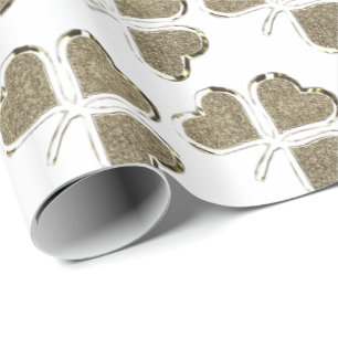 Gold White Kleeblatt Clover Pattern Irland Geschenkpapier
