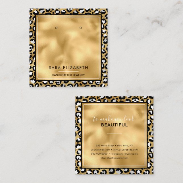 Gold White Leopard Print Earring Display Card Quadratische Visitenkarte (Vorne/Hinten)