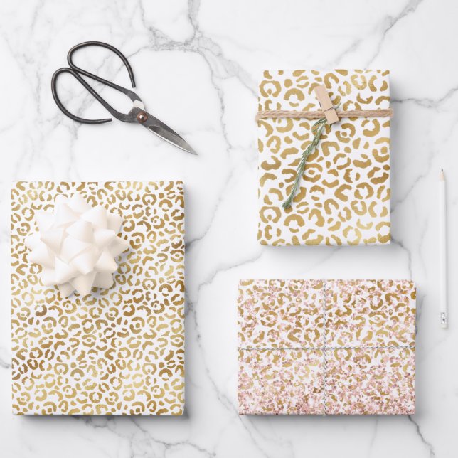 Gold White Leopard Print Geschenkpapier Set (Vorderseite)