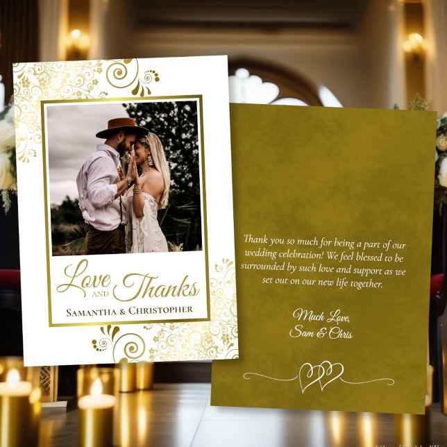Gold & White Liebe & Danke Foto & Note Wedding (Front/Back)