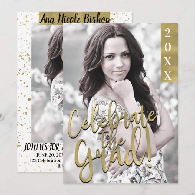 Gold & White Moderner Abschluss Grad Party Einladung (Vorne/Hinten)