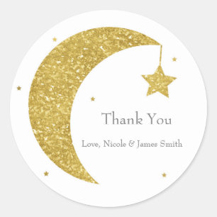 Gold & White Mond & Sterne Baby Shower Favor Runder Aufkleber