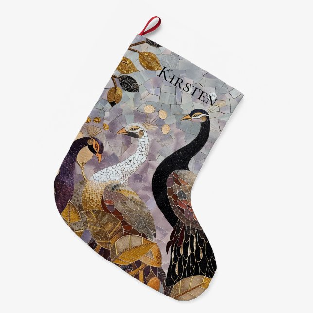 Gold White Peacocks Weihnachtsname Großer Weihnachtsstrumpf (Vorderansicht (hängend))