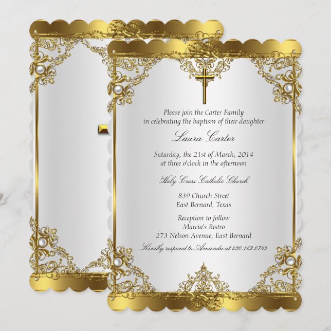 Gold White Pearl Cross Taufe Christening 2 Einladung (Vorne/Hinten)