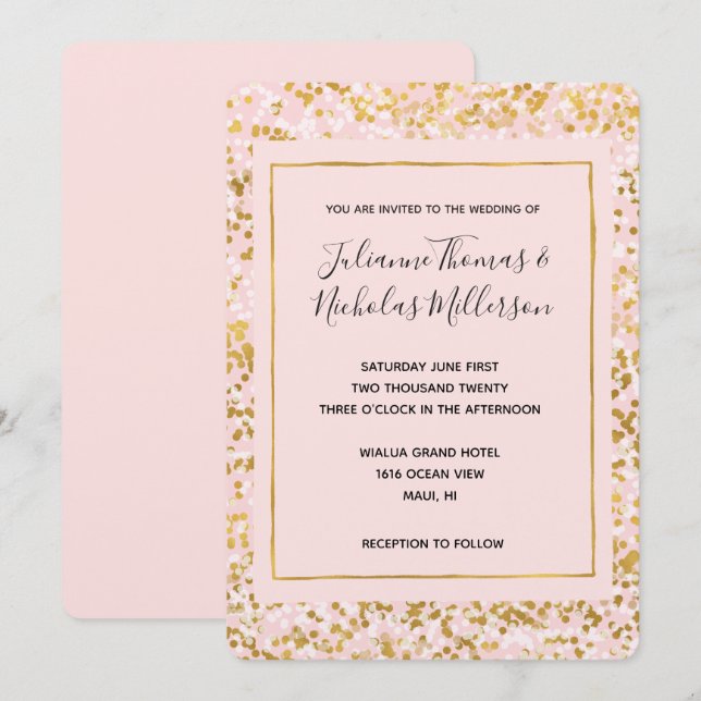 Gold White Pink Confetti Wedding Einladungen (Vorne/Hinten)