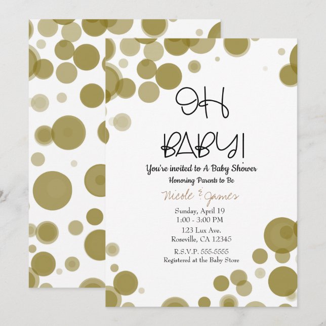 Gold & White Polka Dot Bubbles OH BABY Dusche Einladung (Vorne/Hinten)